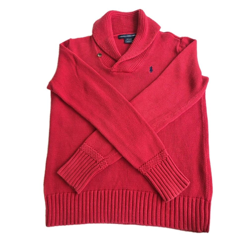 Vintage Ralph Lauren Sport Youth Size Large Shawl Collar Sweater Red 100% Cotton